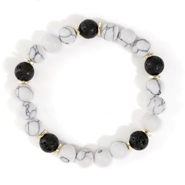 Imagem de EQUBIO Pulseira masculina com contas de howlita vulcânica de 8 mm, pedra vulcânica preta fosca e joia elástica semipreciosa branca
