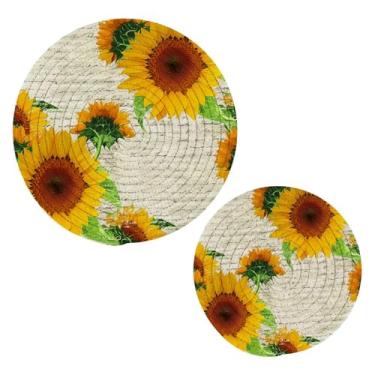 Imagem de Wassud Trivet de girassóis para pratos quentes suportes de panela redondos de algodão almofadas quentes elegantes porta-copos decoração de cozinha e acessórios, 2 peças