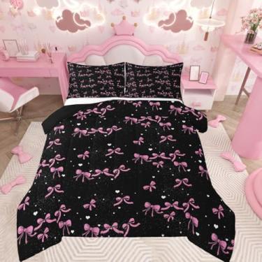 Imagem de jejeloiu Conjunto de edredom com laço rosa, tamanho casal, para crianças, meninos, meninas, borboleta, laço, decoração de quarto, microfibra, 3 peças com 2 fronhas
