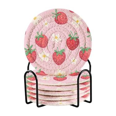Imagem de SEHANY Conjunto de 6 porta-copos fofos de morango com suporte, porta-copos redondos absorventes de algodão resistente ao calor para mesa de jantar, canecas de café, proteção de copos, 10 cm