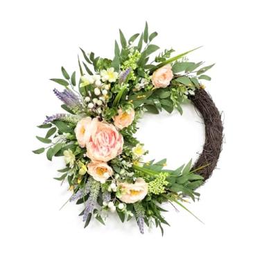 Imagem de Pexytiol Guirlanda de mola de 61 cm para porta da frente, guirlandas de videira com flores de lavanda de peônia rosa e folhas de oliveira de eucalipto para decoração de casa de fazenda, varanda