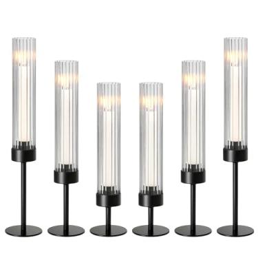 Imagem de Conjunto de 3 castiçais cônicos de metal e acrílico com design canelado - candelabro cilíndrico transparente para casamento, Natal, festa, mesa de jantar decoração de centro de mesa (preto, conjunto