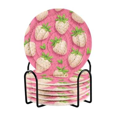 Imagem de SEHANY Conjunto de 6 porta-copos fofos de morango com suporte, porta-copos redondos absorventes de algodão resistente ao calor para mesa de jantar, canecas de café, proteção de copos, 10 cm