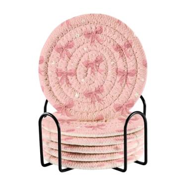 Imagem de SEHANY Conjunto de 6 porta-copos com laço rosa fofo com suporte, porta-copos redondos absorventes de algodão resistente ao calor para mesa de jantar, canecas de café, 10 cm