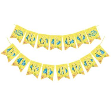 Imagem de Banner de feliz aniversário esponja de desenho animado, decorações de festa de aniversário com tema de esponja, bandeira amarela de desenho animado suprimentos de festa para meninos e meninas