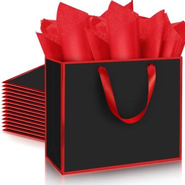 Imagem de ReliThick Pacote com 12 pacotes de 12 sacos metálicos para presente de papel com alças e papel de seda, 29 x 25 x 10 cm, bolsa de agradecimento para Natal, Ação de Graças, casamento, dama de honra