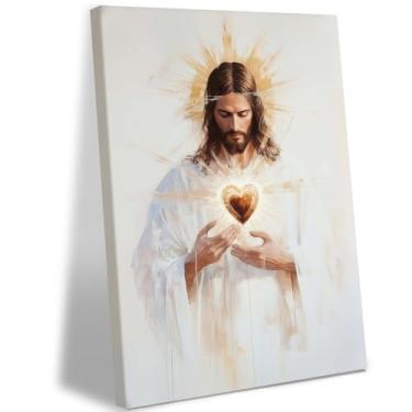 Imagem de Quadro Jesus Sagrado Coração Cristão Religioso Decoração de Parede Impressão em Tela Pôster Arte Cristã Decoração de Casa Galeria para Sala de Oração Quarto Sala de Estar 30 x 40 cm Pronto para