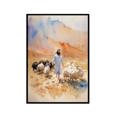 Imagem de Aquarela Jesus Retrato Deus Cristão Arte de Parede Cristo Impressão em Tela Pintura Imagens de Parede para Sala de Estar Decoração de Casa (SKU2,12 x 18 pol. = (30 x 45 cm), Moldura preta)