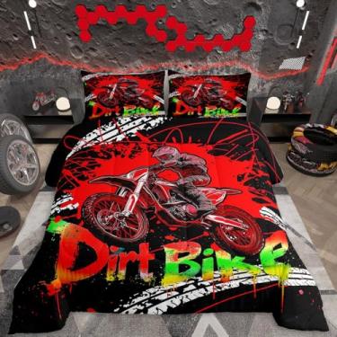 Imagem de Feelyou Jogo de cama infantil de corrida de motocross, tamanho solteiro, motocross, motocross, ultramacio, com estampa de pneu, motocicleta, decoração de quarto