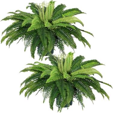 Imagem de QIANYUN Samambaia artificial de Boston, samambaias falsas grandes com folhas verdes realistas, plantas falsas penduradas realistas para decoração de casa, varanda, pátio e escritório (2, verde)