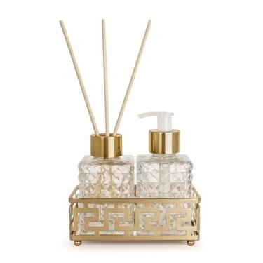 Imagem de Kit Luxo Lavabo Banheiro com Difusor e Saboneteira de Vidro 70ml + Bandeja Decorativa Metal Dourada ou Prata(Dourado)