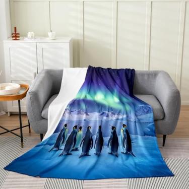 Imagem de Feelyou Pinguins Cobertor de pelúcia 101,6 cm x 127 cm Aurora flanela cobertor de lã desenho animado pinguim todas as estações cobertor de cama oceano azul decoração de quarto pequeno animal