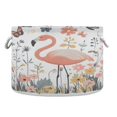 Imagem de JUZIHAI Cesta de armazenamento dobrável com estampa de flamingos, cesto de roupa suja para bebê, cobertor com alças de corda de algodão, caixa organizadora de armário dobrável para quarto, berçário