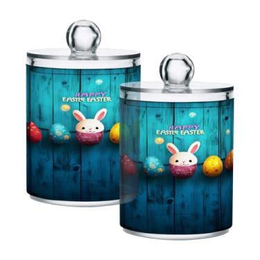 Imagem de Qilmy Qtip Suporte de 400 ml, pote de armazenamento de boticário de plástico transparente de coelho da Páscoa com tampa, dispensador de recipiente de banheiro para bola de algodão, cotonete, fio
