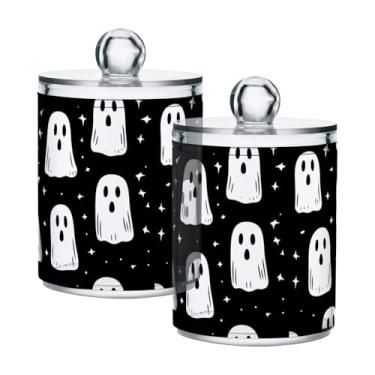 Imagem de Qilmy Suporte Qtip padrão assustador de Halloween, pacote com 2, frascos de boticário de 400 ml, vasilha organizadora de banheiro para cotonetes, bolas de algodão, almofadas de maquiagem, fio dental