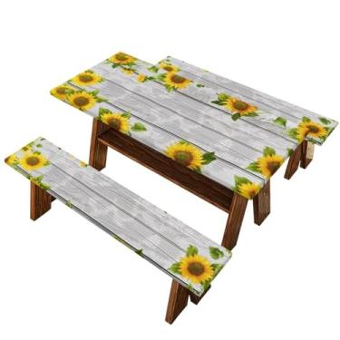 Imagem de Binienty Toalha de mesa de piquenique cinza de grão de madeira com capas de banco, toalhas de mesa de girassol, reutilizáveis para acampamento, ao ar livre, viagem, jardim, festa, presente ideal para