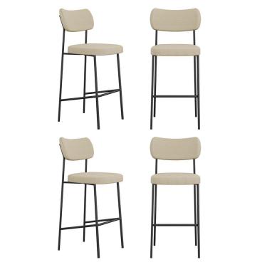 Imagem de Kit 04 Banquetas Altas Para Cozinha Lila Estofada Com Encosto Linho Bege - Desk Design