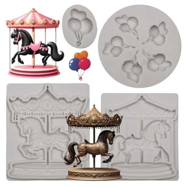 Imagem de Molde de silicone para fondant de cavalo Carrossel Molde de silicone de balão redondo para decoração de bolos, enfeite de cupcake, artesanato, decorações de festa