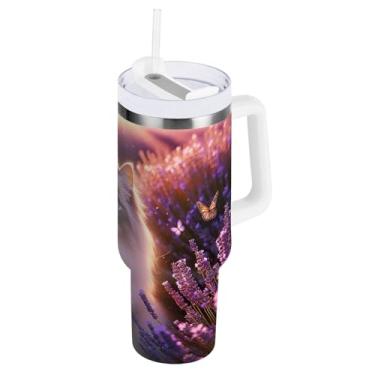 Imagem de Copo com isolamento duplo de 1,134 g com tampa e canudo, copo de viagem com isolamento de lavanda para gatos