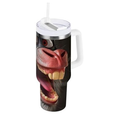 Imagem de ODAWA Copo isolado macaco engraçado de 850 g com alça e tampa de palha, copos com isolamento duplo