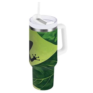 Imagem de Copo com isolamento duplo de 1,134 g com canudo e alça, copo de viagem isolado verde lagartixa