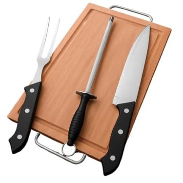 Imagem de Kit Tábua de Carne 22x36cm com Faca e Garfo em Aço Inox Madeira Eucalipto
