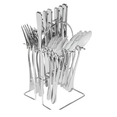 Imagem de Conjunto de Talheres em Aço Inox, 24 Peças com Suporte, Prateado, Inclui Garfos, Facas, Colheres de Sopa e Sobremesa