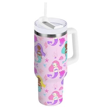 Imagem de ODAWA Copo de água grande e fofo sereias rosa pastel com alça e canudo, copos isolados de aço inoxidável