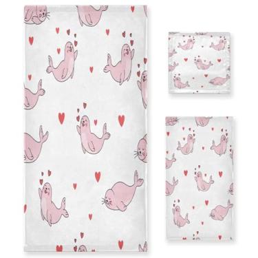 Imagem de Wassud Conjunto de 3 toalhas de banho da Valentines Seals, toalhas super macias e absorventes para banheiro, toalhas de banho de secagem rápida, toalha de banho para academia, spa, hotel