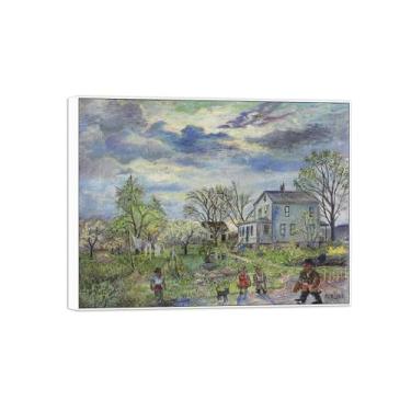 Imagem de BMZFYBS David Burliuk Impressões em tela famosas de arte de parede prontas para pendurar. Cena da aldeia. Pintura com moldura branca para decoração de sala de estar 50 x 65 cm 20 x 26 polegadas