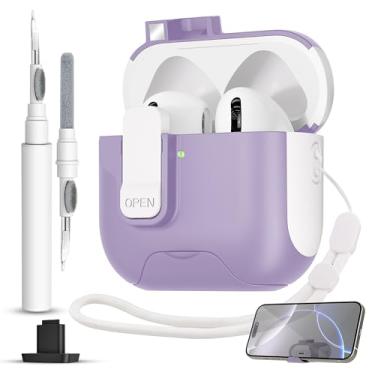 Imagem de Capa para AirPods 4 com trava segura, trava magnética automática com função de suporte de telefone, kit de limpeza de capa protetora rígida à prova de choque para Apple AirPod capa de 4ª geração 2024