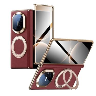 Imagem de HAOMRIYL Capa de couro genuíno para Huawei Mate X7, capa de suporte de anel magnético, protetor de dobradiça de câmera de tela integrada, capa de borda galvanizada de luxo, vermelha, Mate X7