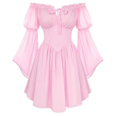 Imagem de Scarlet Darkness Vestido feminino renascentista 2026 verão boho ombro de fora espartilho, espartilho, minivestidos, rosa claro, P