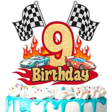Imagem de Topo de bolo de carro de corrida infantil 9º tema de corrida feliz aniversário bandeira quadriculada decorações de estrada meninos e meninas Racer festa de aniversário carro temático roda de festa