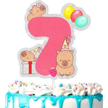 Imagem de Lindo enfeite de bolo de capivara infantil 7º animal selvagem temático feliz zoológico, festa de aniversário amante de capivara para meninos e meninas, festa animal, suprimentos de decoração de