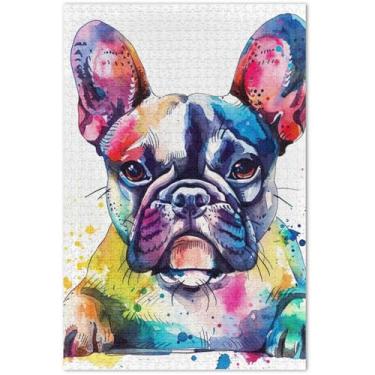 Imagem de Quebra-cabeça fofo de buldogue francês em aquarela adulto 500 peças cenário arte floral divertidos presentes de tecnologia de jogos, 50 x 37 cm
