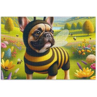 Imagem de Quebra-cabeças florais de buldogue engraçado e abelha, 1000 peças para adultos, presentes tecnológicos, para família, pinturas artísticas, 75 x 40 cm