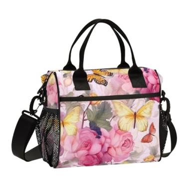 Imagem de GAIGEO Lancheira térmica Butterflies with Some Roses com alças, lancheira com alça de ombro, lancheira escolar