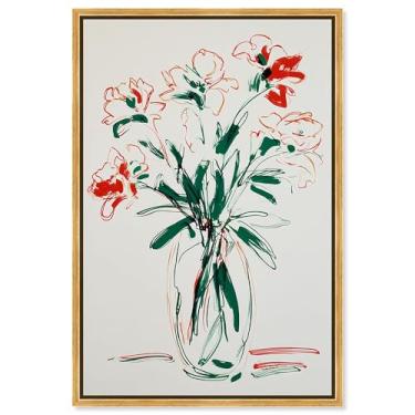 Imagem de Vaso em tela verde e vermelho impressão floral decoração de parede por Art Remedy, moldura dourada, 25 x 38 cm