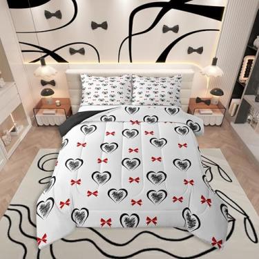 Imagem de Erosebridal Jogo de cama Queen com estampa de coração, kawaii, laço vermelho, para meninas, meninos, dia dos namorados, com enchimento de edredom em forma de coração, laço geométrico, edredom com 2