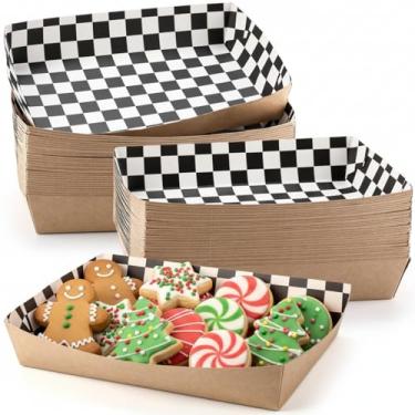 Imagem de Norme 60 bandejas descartáveis de papel quadriculado preto e branco 2,3 kg de papel kraft resistente, barcos para servir comida 26 x 18 x 5 cm Nacho Taco Hot Dog Chips Snack Hambúrguer para festa