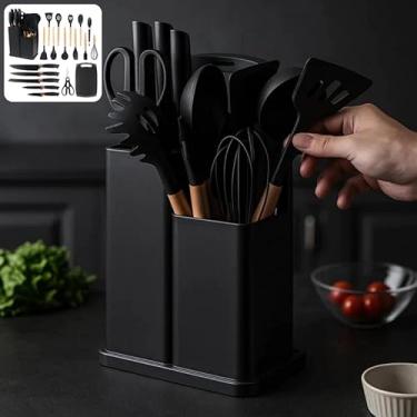 Imagem de Kit Utensílios de Cozinha 19 Peças em Silicone com Cabo de Madeira, Facas e Tábua – Resistente ao Calor 230°C(Preto)