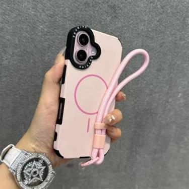 Imagem de Capa de couro PU da moda para iPhone 15 16 Plus 14 13 12 Pro Max 11 com alça de pulso e cordão magnético macio à prova de choque, rosa, para iPhone 12 Pro