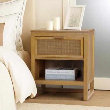 Imagem de Teamson Home Mesa de cabeceira Hatteras de 50 cm L com 1 gaveta profunda e prateleira aberta em estilo moderno costeiro, rolamento de esferas, molduras de madeira de pinho e MDF com rattan, acabamento