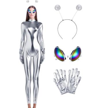 Imagem de Maiteenly Body feminino brilhante metálico Unitard Catsuit Halloween cosplay fantasia acessórios alienígena bandana óculos luvas (prata, 2GG)