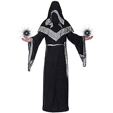 Imagem de Fantasia masculina de feiticeiro com capuz, fantasia medieval vintage de feiticeiro renascentista (XG, preto)