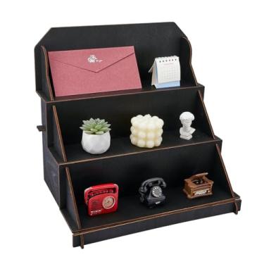 Imagem de SUPERFINDINGS Suporte de exibição de mesa portátil de madeira de 3 andares, suporte de exibição de elevador, prateleiras pretas para fornecedores de mesa, para balcão de mesa de varejo, artesanato