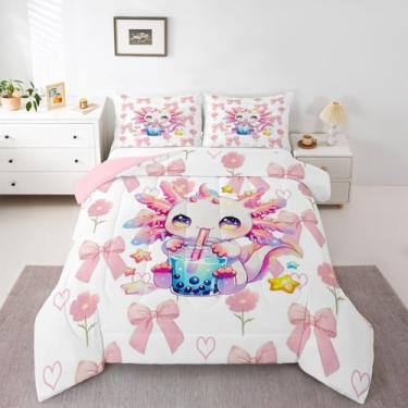 Imagem de Erosebridal Jogo de cama solteiro com laço rosa, fofo, salamandra, coração, amor, floral, para adolescentes e mulheres jovens, decoração de quarto, edredom com laços rosa