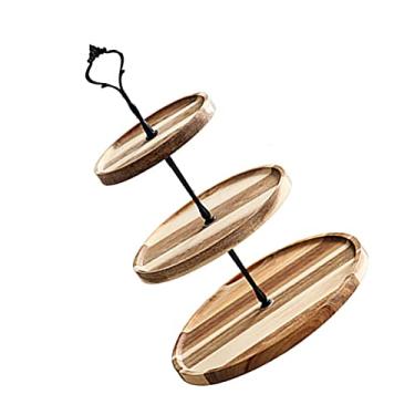 Imagem de GLOGLOW Bandeja Vintage de Madeira para Sobremesa, Bandeja de Exibição de 3 Camadas para Bolos e Frutas, Suporte para Servir Festa Em Liga de Madeira e Alumínio, Talheres de 14,1 Onças (3 camadas)