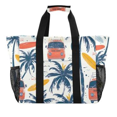 Imagem de Joitme Sacolas de compras de supermercado reutilizáveis para cozinha estética praia academia bolsas femininas fofas grandes bolsa de viagem piscina todos os dias bonito ônibus palmeira bege